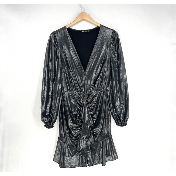BOOHOO Mini Dress Gunmetal Grey Metallic Long Sleeves Deep V-neck Size 12 Ruffle - Picture 1 of 12